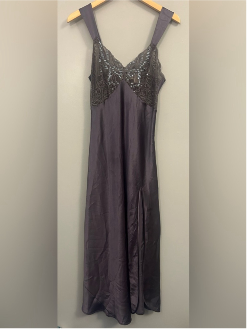 Victoria's Secret Vintage Gold Label Charcoal Satin Lace-Trim Slip Dress Small